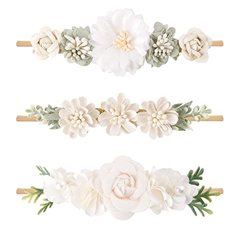 cherrboll 3pcs Baby Girl Flower Headbands, Super Soft & Stretchy Nylon Floral Hairbands for Newborn Toddler
