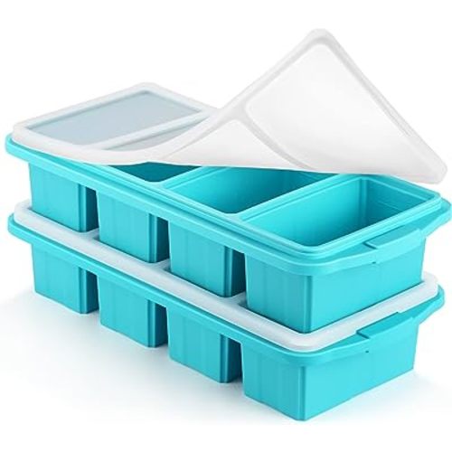 Silicone Freezer Tray With Lid - Silicone Freezer Food Molds- Large Ice Cube Tray,Silicone Freezer Container,Freeze & Store Soup, Sauce, Broth,Leftovers - Makes 4 Perfect 1 Cup