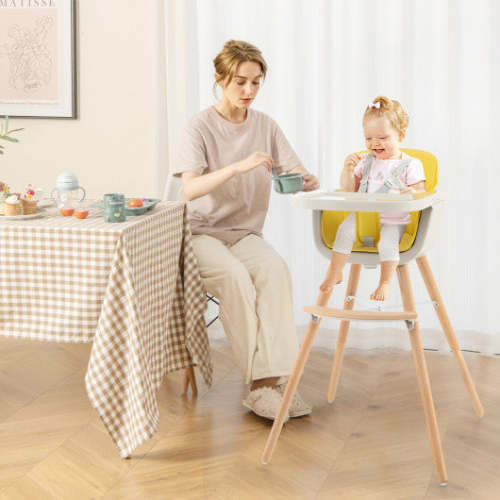 3-in-1 Convertible Wooden High Chair With Cushion-Yellow