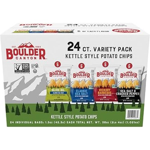 Boulder Canyon Kettle Style Potato Chips Variety Pack, 24 Count, Assorted 1.5oz. Bags, Olive Oil Classic Sea salt, Hickory BBQ, Sea Salt & Cracked Pepper, Classic Sea salt