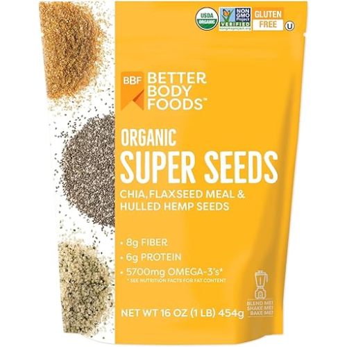 BetterBody Foods Superfood Organic Super Seeds - Blend of Organic Chia Seeds, Milled Flax Seed, Hemp Hearts, Add to Smoothies Shakes & More, 1lb, 16 oz