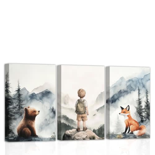 CHAOSETKEN Adventure Nursery Wall Art 3 Pieces Boy Girl and Fox Bear Canvas Prints Watercolor Mountain Picture Woodland Adventure Themed Poster for Home Decor Frame (Orange,11.00" x 14.00" x 3PCS)