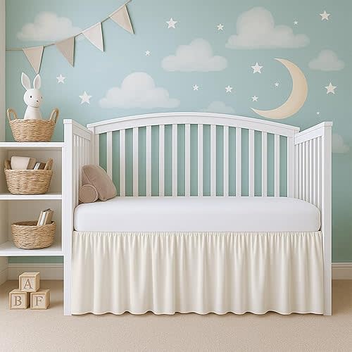 Cottington Lane Ivory Infrant Crib Bed Skirt Dust Ruffle with Split Corner, 100% Natural Cotton Nursery Crib Toddler Bedding Skirt for Baby Girls or Boy, Fits Standard Cribs 28" x 52" with 14" Drop
