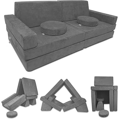 Mod Blox 10 Piece Soft Modular Kids Play Couch for Boys and Girls | Child Sectional Fort Building Sofa for Toddlers Playroom with Microsuede Covers + High Density Convertible Foam Cushions (Dark Gray)