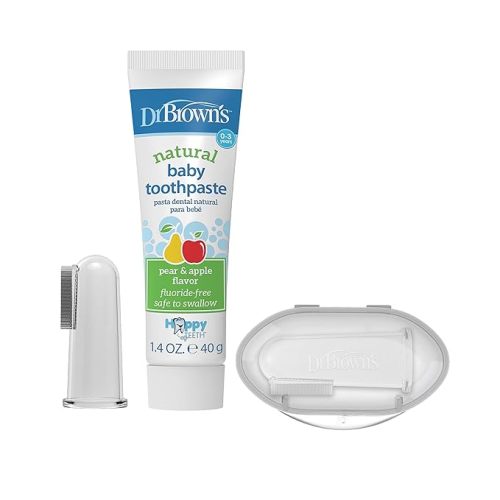 Dr. Brown's 100% Silicone Baby Finger Toothbrush and Toothpaste Set, 2-Pack Toothbrush with Storage Case, Fluoride-Free Apple Pear Toddler Toothpaste - Finger Toothbrush & Apple Pear Toothpaste