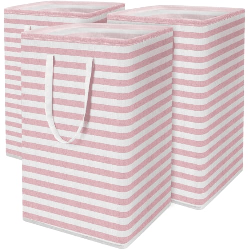 Jinghua 3Pcs 75L Laundry Basket, Laundry Hamper, Collapsible Laundry Baskets, Laundry Bags, Waterproof with Foam Protected Aluminum Handles, White & Pink
