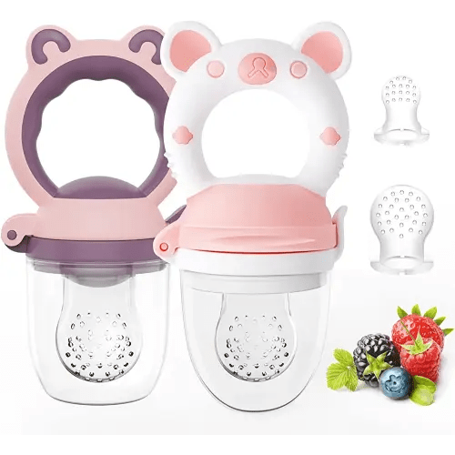 Baby Solids/Frozen Fruit Feeder Pacifier, Infant Teether Toy 4M+, BPA-Free Silicone Pouch & Nipple, Safely Introduce Solids, Teething Relief, 2-Pack (Bear - Purple Pink White, S/M/L)