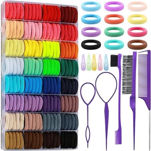 Cotton Toddler Hair Ties 32 Colors, 320 Pcs Baby Hair Ties with 15 Hair Styling Tools Organizer Box, Soft Seamless Elastic Hair Bands Hair Accessories for Girls Kids
