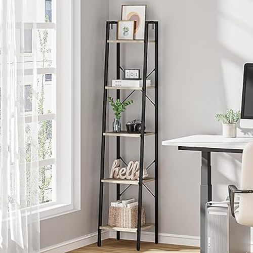 Ladder Shelf, Bookshelf Bookcase, Freestanding Corner Storage Shelve with 2 Hooks for Home Office, Living Room, Kitchen, Bedroom, Industrial, 5-Tier Greige BC03205B