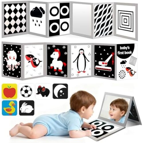 High Contrast Baby Flashcards with Black and White Tummy time Mirror Books, Newborn Brain Development Toys for 0-6 Months Baby as Infants Easter Gift