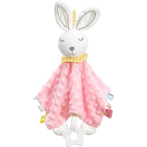 Zooawa Loveys for Babies, Security Blanket Soft Stuffed Animal Bunny Lovey Unisex Lovie Baby Stuff Snuggle Blanket with Tags Teether Bells, Soothing Plush Toys Baby Gift for Newborn, Pink Rabbit