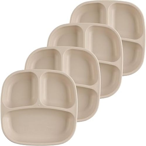 Re-Play Toddler Plates with Dividers - Deep-Walled 3 Compartments Divided Plates for Kids - Dishwasher & Microwave Safe - Made in USA - Set of 4-7.37" x 7.37" x 1.25" - Sand