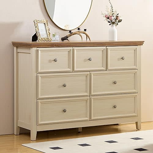 7 Chest of Drawers,Dresser for Bedroom,Modern Drawer Dresser for Living Room,Beige Storage Drawer Cabinet with Wood Grain Pattern for Bedroom, Living Room,Hallway