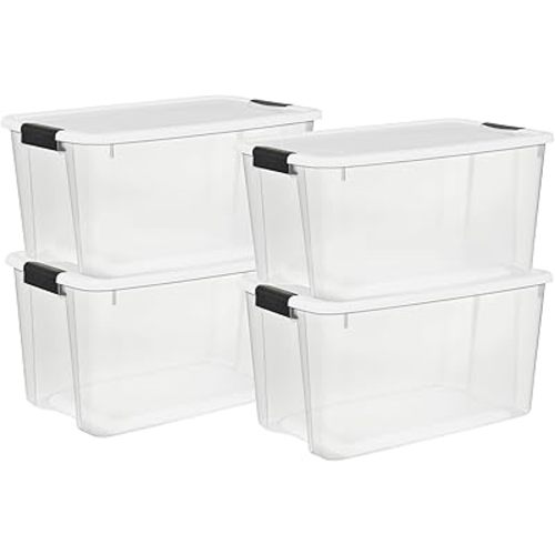 Sterilite 4-Pack Ultra Latching Box, Storage Bins with Lids, Clear Plastic, 70 Quart - Heavy-Duty Organizing Containers for Closet, Bathroom, and Office