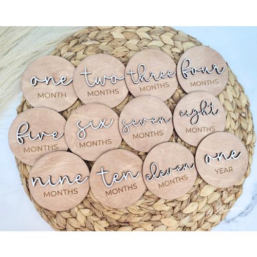 3D Monthly Milestone Discs for Baby Photos | Engraved Wood Monthly Milestone Markers | Monthly Milestone Cards | Personalized Baby Sign