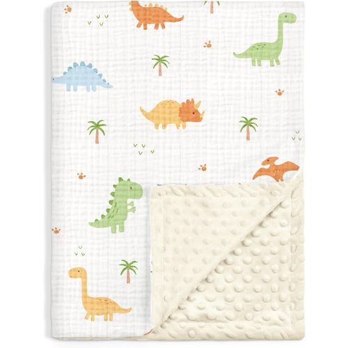 Dinosaur Baby Blankets for Boys, Soft Nursery Minky Blankets with Muslin and Dotted Fleece Back 30x40 inches, Receiving Bed Quilt for Newborn, Infants, Toddlers