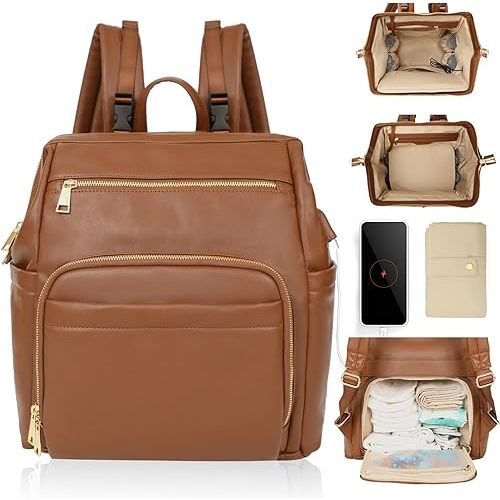 Diaper Bag Backpack Leather Diaper Bag Backpack Baby Bags With 18 Organizing Pockets,6 Insulated Pockets,USB Charging Port,Stroller Straps,Changing Pad (Brown)