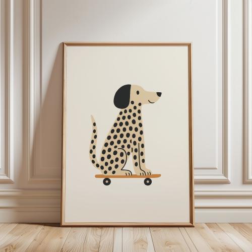 Dalmatian Dog on Skateboard Print, Spotted Dog Wall Art, Modern Nursery Decor, Minimalist Animal Print, Kids Room Art, Digital Download