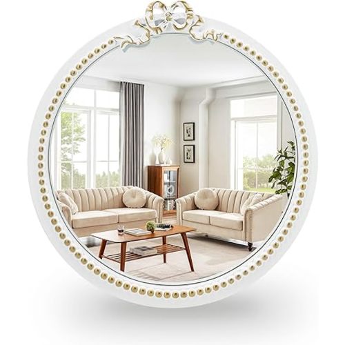 Vintage Round Wall Mirror 11.8inch Small Farmhouse Wooden Vanity Mirror for Wall Decor, Decorative Antique White Nursery Mirrors, Traditional Art Home Bow Decor for Living Room,Bedroom