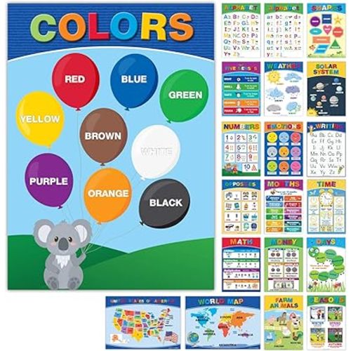 20 Large Educational Posters For Kids Toddlers (16.5x12 Double Sided English/Spanish) Alphabet Colors Letters Numbers Shapes Months Days Weather Time Animals Solar System Seasons Map