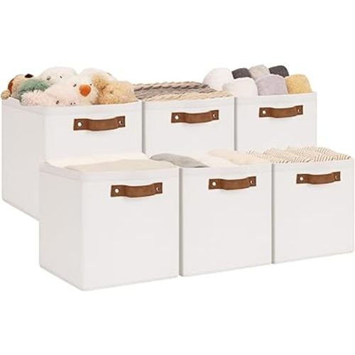 StorageWorks 10.75x10.75 Storage Cubes, Collapsible Storage Bins Organizer for Closet, Fabric Storage Box with PU Handles, Beige, 6-Pack
