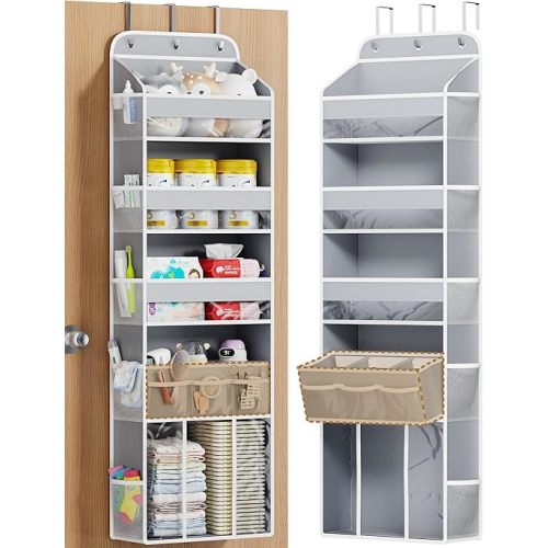 OneDream Over the Door Organizer for Nursery, 5-Tier Baby Clothes Organizer with Removable Storage Caddy, Hanging Behind Door Storage with Clear Pockets and Side Mesh Compartments, Grey