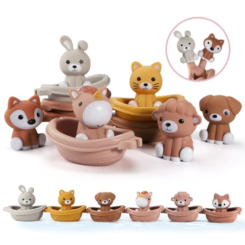 Nueplay Bathtub Toys for Toddlers 18M+,Baby Bath Toys with Animal Finger Puppets, Stackable Boat Train ,Gift for Baby & Toddlers Set of 12