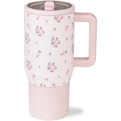 HydroJug Traveler - 20 oz Water Bottle with Handle & Flip Straw - Fits in Cup Holder, Leak Resistant Tumbler-Reusable Insulated Stainless Steel & Rubber Base - Gifts for Women & Men, Wildrose