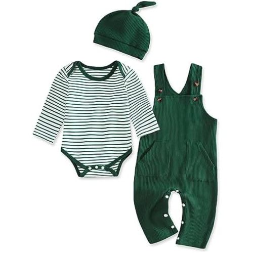 Baby Boy Clothes Stripe Pattern Print Romper Top and Baby Overalls with Hat 0-18 Months Baby Boy Outfits