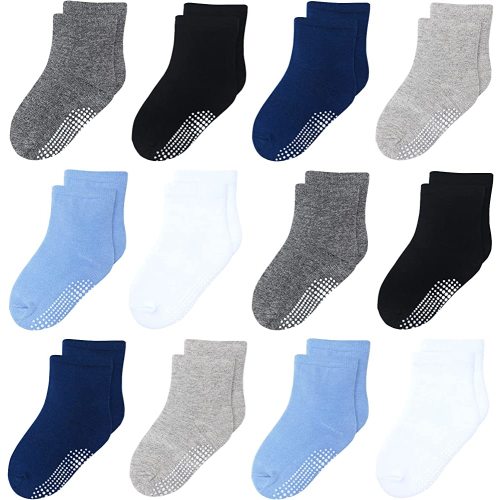 12 Pack Non Slip Kids Toddler Baby Socks with Grips for 1-7 Years Boys Girls Cotton Crew Socks Multi Colors
