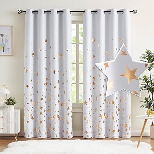 White Gold Star Blackout Curtains for Bedroom, 100% True Blackout Curtain Panels for Kids Boys Girls Room Thermal Insulated Metallic Star Printed Curtains for Nursery Grommets Top 50x84 2 Panels