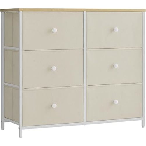 SONGMICS Dresser for Bedroom, Chest of Drawers, 6 Drawer Dresser, Closet Fabric Dresser with Metal Frame, Camel Yellow and Cream White ULTS323W01
