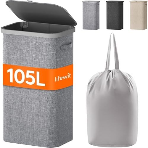 Lifewit 105L Laundry Basket with Lid, Large Laundry Hamper with Plastic Handles and Removable Bag, Foldable Tall Dirty Clothes Hampers for Laundry for Laundry Room, Bedroom, Bathroom, Dorm, Light Gray