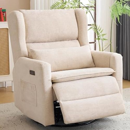Oversized Swivel Rocker Recliner with Lumbar Cushion, Power Recliner Nursery Chair with Adjustable Headrest, Nursery Glider Recliner for Living Room, Beige