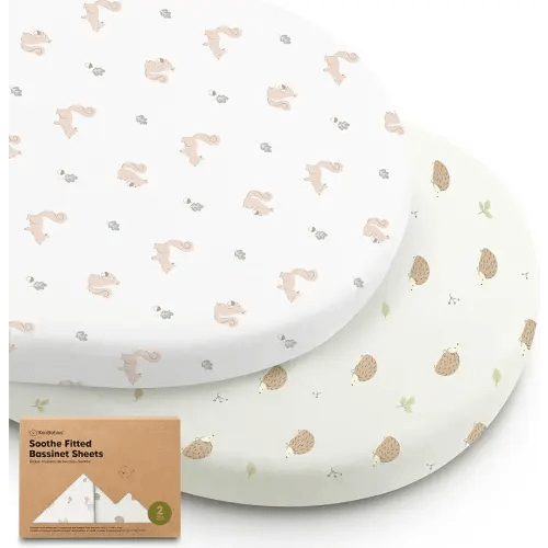 2-Pack Organic Bassinet Sheets for Girls, Boys - 100% Cotton Bassinet Mattress Sheets Compatible with Halo Bassinest Swivel Sleeper, Graco, Baby Delight, Chicco, Fitted Bassinet Sheets (Nibble/Bruce)