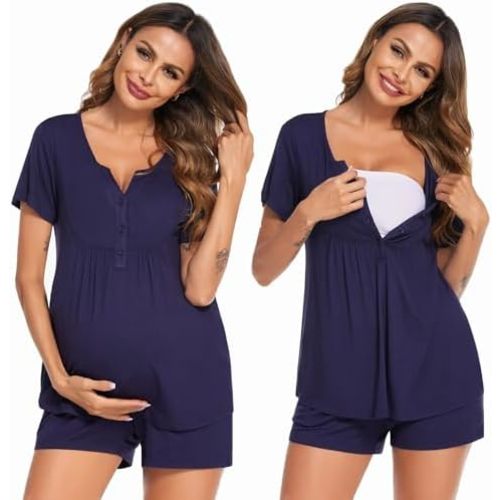 Ekouaer Women's Maternity Nursing Pajama Sets Short Sleeve Postpartum Pajamas Breastfeeding Pregnancy Clothes