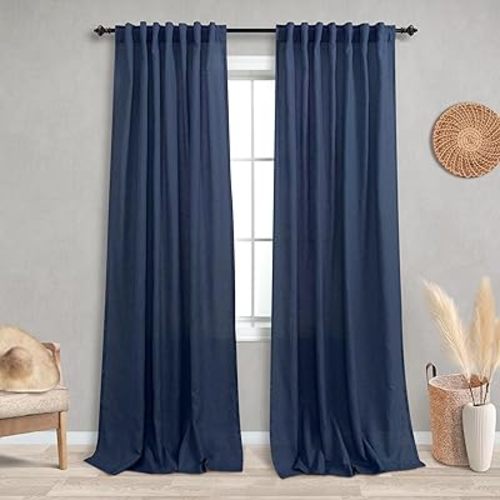 KOUFALL Navy Blue Curtains 84 Inch Length for Living Room Linen Back Tab Semi Sheer Curtains for Bedroom 84 Inches Long,Dark Blue Midnight