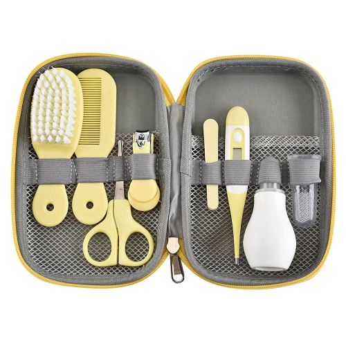 Plplaaoo Baby Healthcare and Grooming Kit–8 in 1 Newborn Nursery Health Care Set with Nail Clipper Hair Brush Nose Cleaner Finger Toothbrush Scissor,Safe Baby Grooming Kit for Newborns(Yellow)