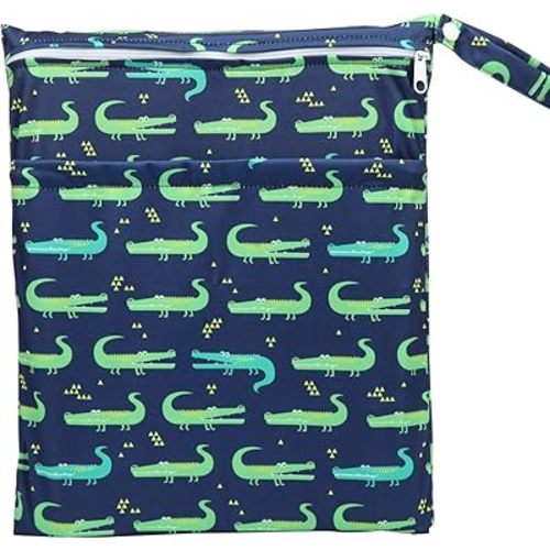 Wet Bag Baby Cloth Diaper Nappy Insert Bag Washable Two Zippered Pockets Boys (Green Crocodiles)