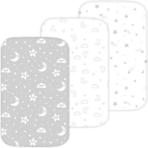 Bassinet Sheets for Mika Micky, Evolur, Larex, Taylengrow Baby, Newton Baby Bedside Sleeper by TansyPanda, 3PC, 33x20, Ultra Soft, Breathable, Snug Fit, Unisex Boys, Girls, Gray White (Stars, Moons)