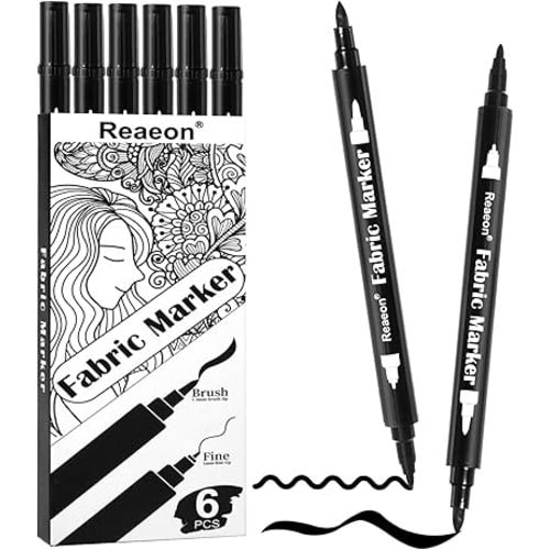 Black Fabric Markers, Dual Tip Fabric Paint Markers, Permanent Fabric Pens for Clothes, T Shirts, Canvas, Bags (6pack)