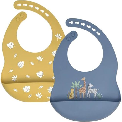 Baby Silicone Bibs 2 Sets Baby Bibs with Food Catcher for Girls Boys Toddlers BPA Free Waterproof Soft Durable