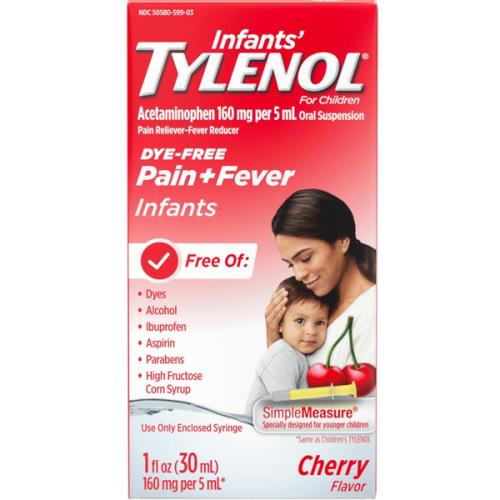 Infants' Tylenol Oral Suspension Liquid Medicine with Acetaminophen, Baby Fever Reducer & Pain Reliever for Minor Aches & Pains, Sore Throat, Headache & Teething Pain, Dye-Free Cherry, 1 fl. oz