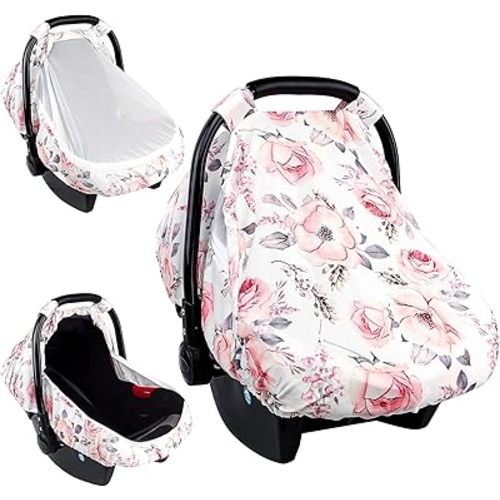 Carseat Cover Girls, Floral Baby Carseat Canopy with Zipper Mesh, Infant Stroller Cover, Watercolor Pink Flower