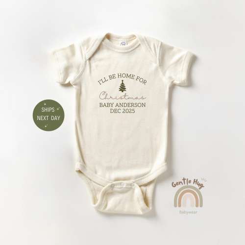 I'll Be Home For Christmas Baby Onesie®, Retro Christmas Baby Bodysuit, December Baby Announcement Onesie®, Baby Shower Gift