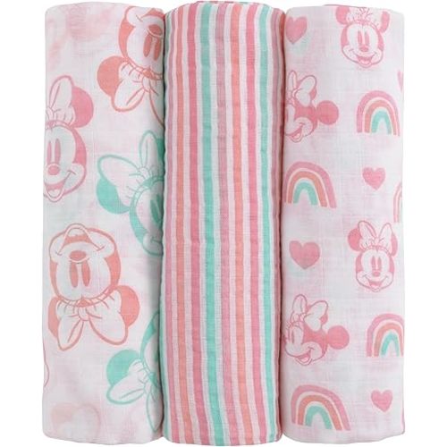 Disney Minnie Mouse Pink, Aqua, and White 3 Piece Muslin Swaddle Baby Blanket Set