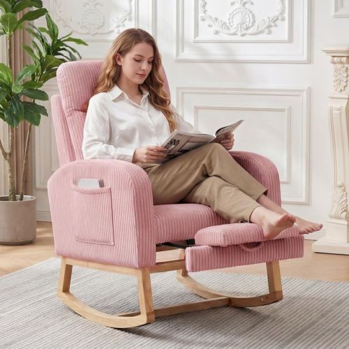 Nursery Rocking Chair, Corduroy Upholstered Rocking Chair with Adjustable Footrest, Tufted Rocker Chair with Side Pocket, Glider Rocker