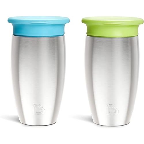Munchkin® Miracle® 360 Toddler Sippy Cup with Lid, Spill Proof, 10 Ounce, Stainless Steel, 2 Pack, Blue/Green