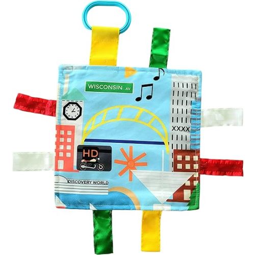 Baby Jack & Co 8x8” Learning Lovey Milwaukee Wisconsin Tag Toys for Babies - Baby Crinkle Toys - Soft & Safe - Learn USA Cities and Shapes - Ideal Baby Toy & Gift BPA Free w/Stroller Clip