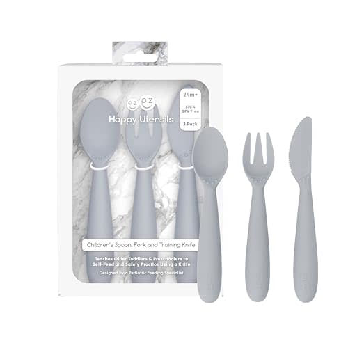 ezpz Happy Utensils - 24 Months+ (Pewter) - BPA Free Toddler Utensils - Fork, Spoon and Knife for Toddlers and Preschoolers - Kids Utensils for Self-Feeding Development